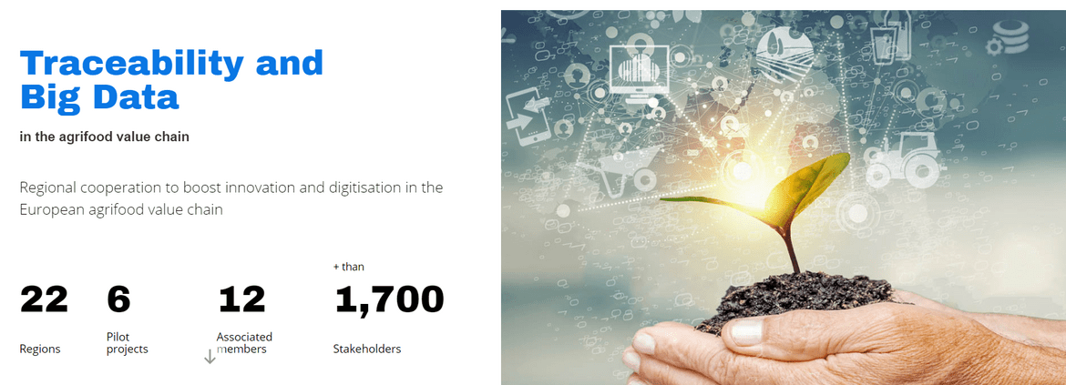 Europe site S3. Photo + texte : Traceability and Big Data. Regional cooperation to boost innovation and digitisation in the European agrifood value chain. 22 regions, 6 pilot projects, 12 associated members, + than 1,700 Stakeholders