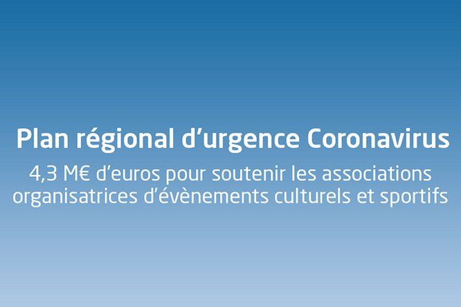 texte sur fond bleu : Plan régional d'urgence Coronavirus 4,3M€ pour soutenir les associations organisatrices d’événements culturels et sportifs